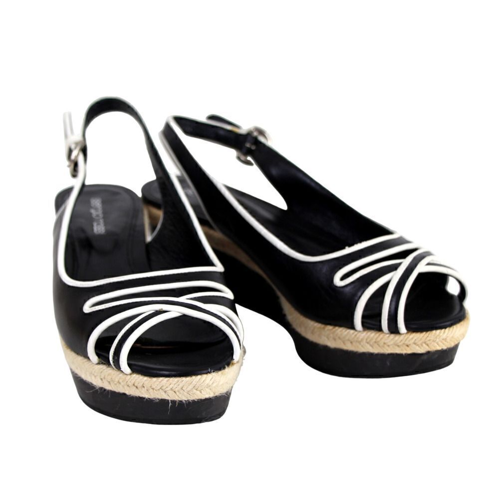Sergio Rossi BLACK WHITE GENUINE LEATHER OPEN TOE PLATFORM SLINGBACKS SHOES 37